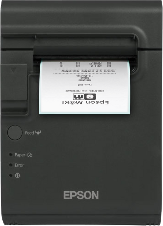 Epson TM-L90LF liner-free label and receipt printer, dark grey, serial + USB (C31C412682) – front view