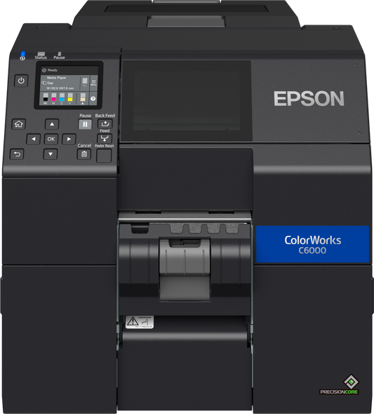 Epson ColorWorks C6000Pe colour label printer, 4-inch, peel-and-present, gloss black ink, 1200 x 1200 dpi, inkjet (C31CH76202) – front view with peeler