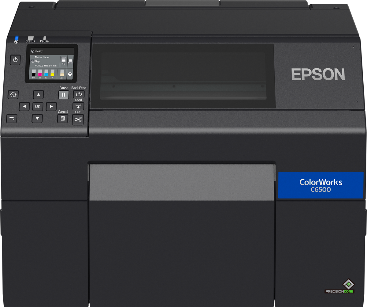 Epson ColorWorks C6500Ae colour label printer, 8-inch, auto cutter, matte black ink, 1200 x 1200 dpi, inkjet (C31CH77102MK) – front view