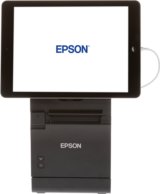 Epson TM-m30II-S tablet POS receipt printer with integrated stand, black (C31CH63012) – with tablet mounted on top