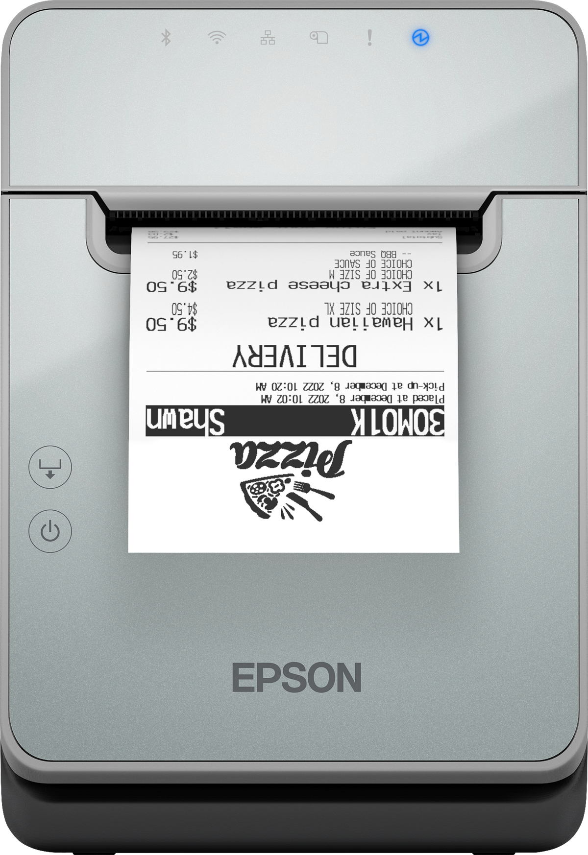 Epson TM-L100 liner-free label and receipt printer, black, USB + Ethernet + serial (C31CJ52103) – front view with printed label