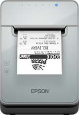 Epson TM-L100 liner-free label and receipt printer, black, USB + Ethernet (C31CJ52111) – front view with printed label