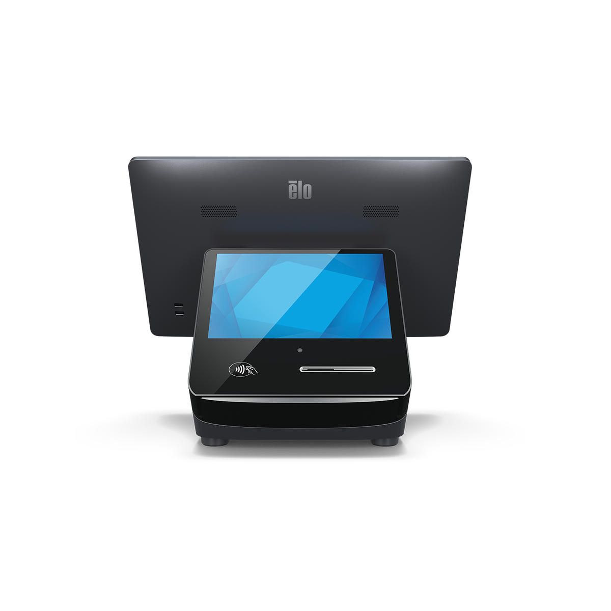 Elo Pay 7 on Z70 POS stand with integrated I/O hub, rear view
