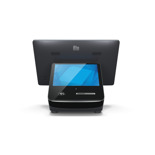 Elo Pay 7 on Z70 POS stand with integrated I/O hub, rear view
