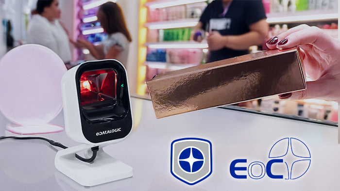 Datalogic Magellan 900i presentation scanner (MG0903-10000-0200) – white stand version at a retail counter