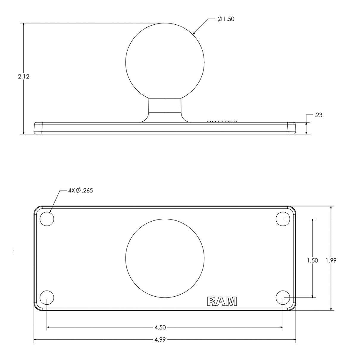 RAM Mounts C-size ball base with 50.8 × 127 mm rectangular plate RAM-202U-25 – alternative view