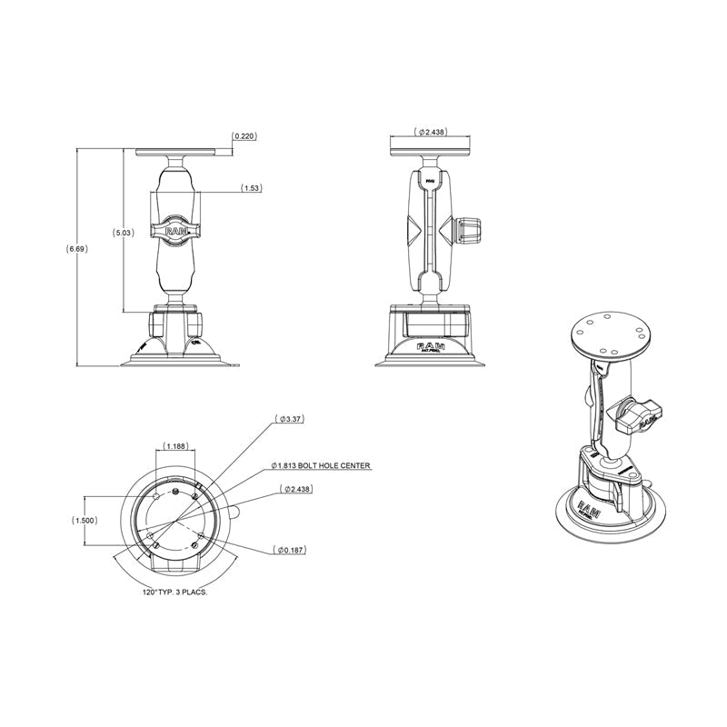 RAM Mounts B-size Twist-Lock suction cup mount with round AMPS plate, medium arm (RAM-B-166-202U) – another angle