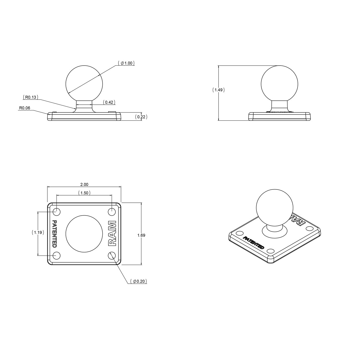 RAM Mounts B-size ball adapter with square 4-hole AMPS plate (RAM-B-347U) – additional view