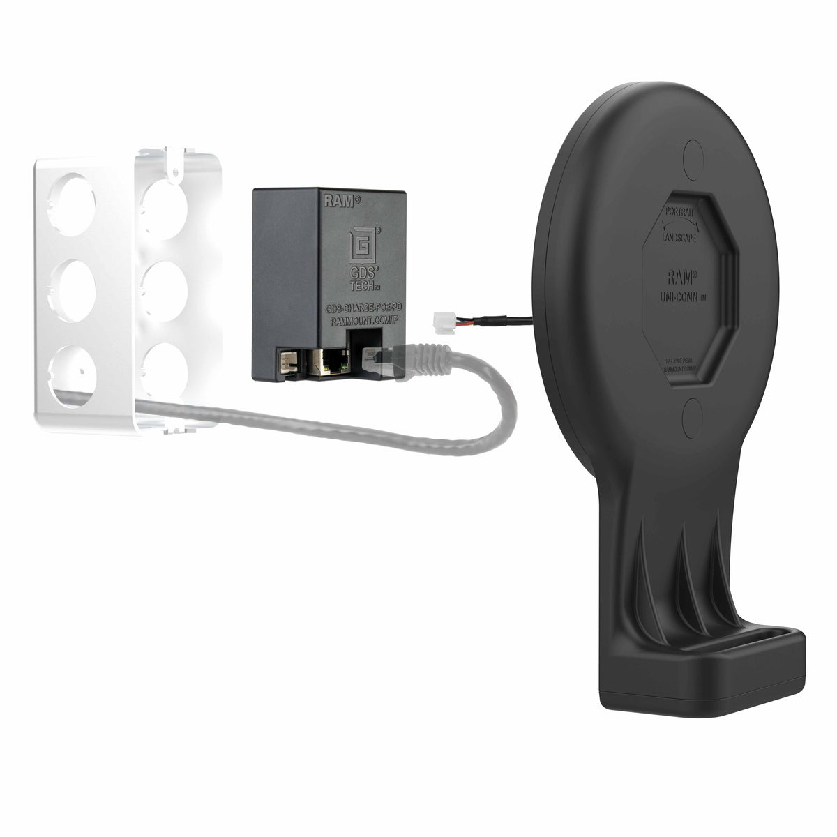 RAM Mounts GDS Uni-Conn swivel wall dock with magnetic receiver and PoE for IntelliSkin tablets – further product photo