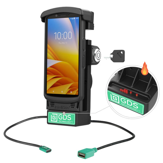 RAM Mounts GDS key-locking powered dock with USB-A and heated pins for Zebra TC22, TC27, TC53 and TC58 in IntelliSkin – product photo