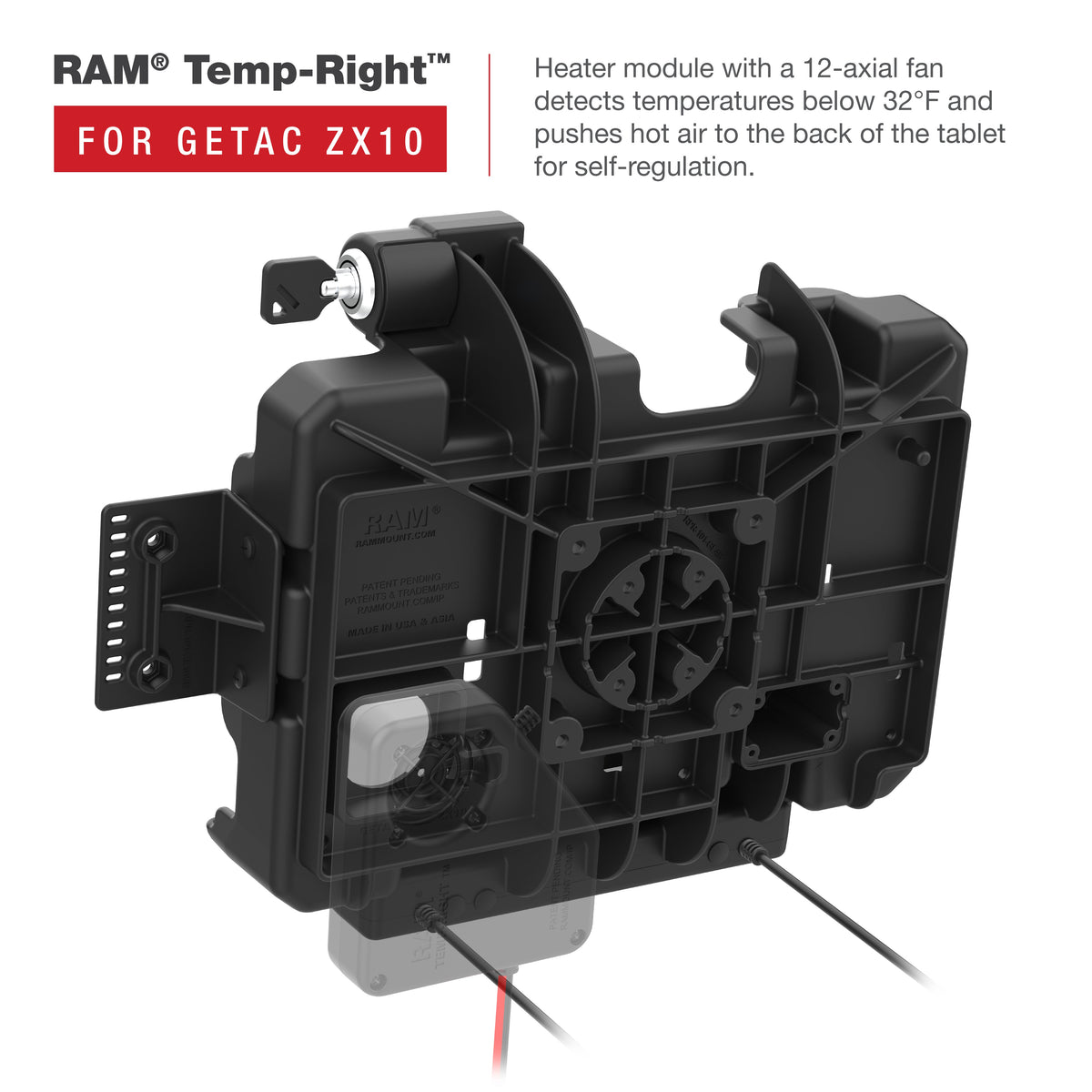 RAM Mounts key-locking power + data dock with USB-A for Getac ZX10 rugged tablet – another angle