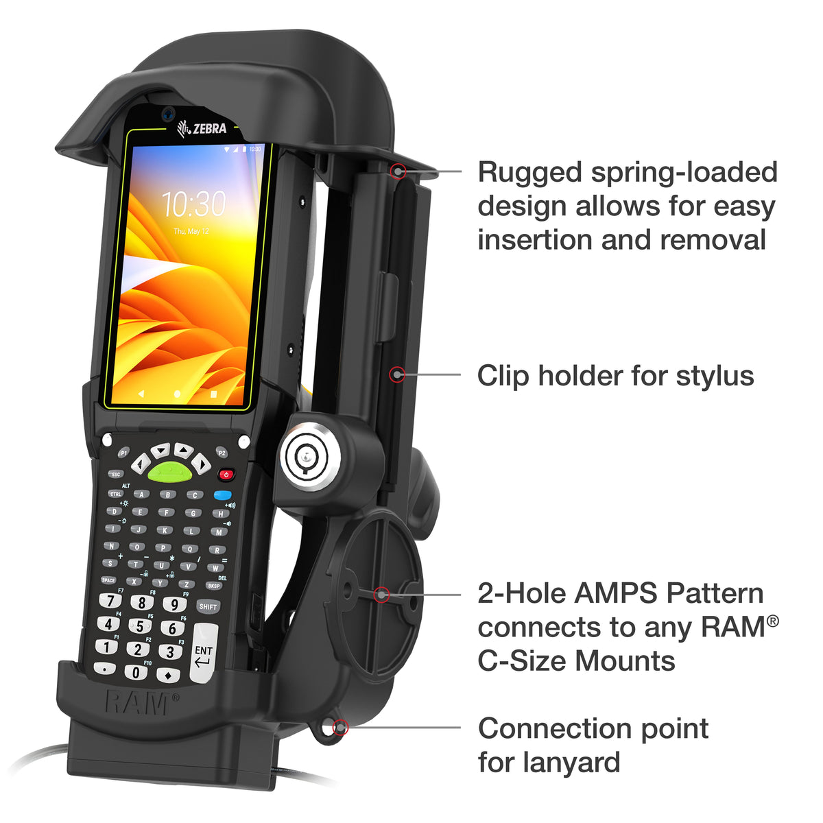 RAM Mounts key-locking powered dock with USB-A for Zebra MC9400 and MC9300 – further product photo