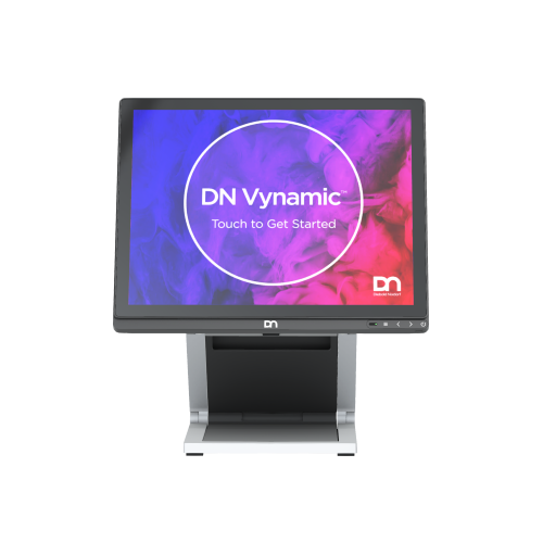 Diebold Nixdorf BEETLE A2010 – front view of the 15-inch 4:3 BEETLE all-in-one POS (A1050/A2010 housing) on its desktop stand