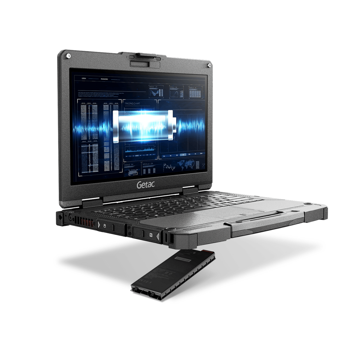 Getac B360 BM21Z4BEBDGX open with its user-removable SSD canister