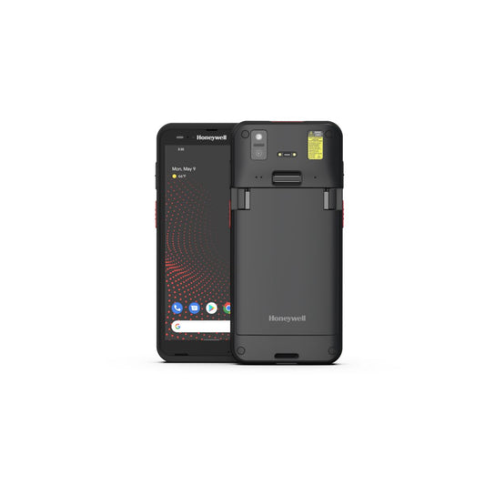 Honeywell CT70 6-inch all-touch Android mobile computer, black, FlexRange 2D imager, Wi-Fi only, standard battery (CT70-L0N-058CS104G) – front and back view