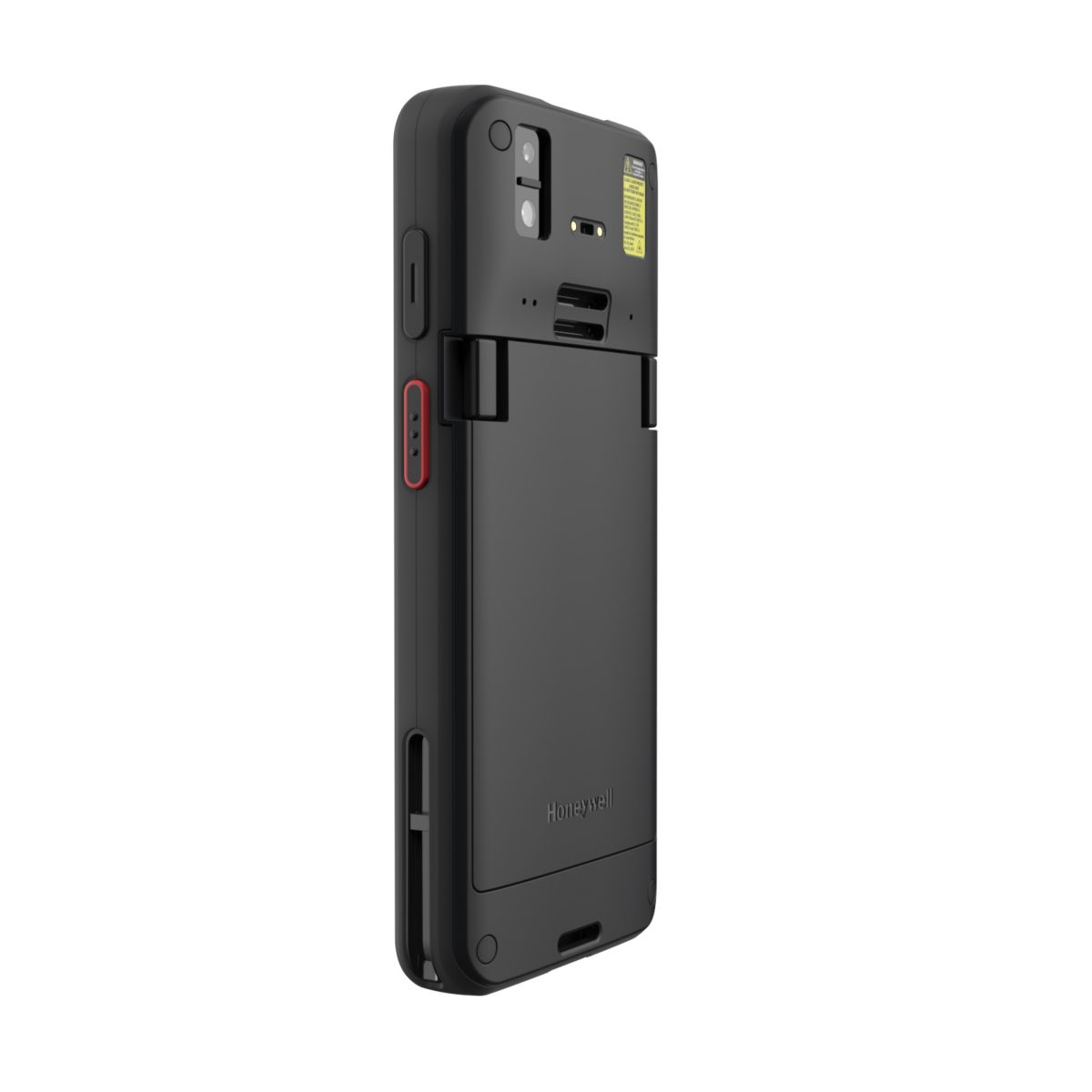 Honeywell CT70 6-inch all-touch Android mobile computer, black, standard range 2D imager, 5G + Wi-Fi, RFID, standard battery (CT70-X1R-057CS104G) – angled back view