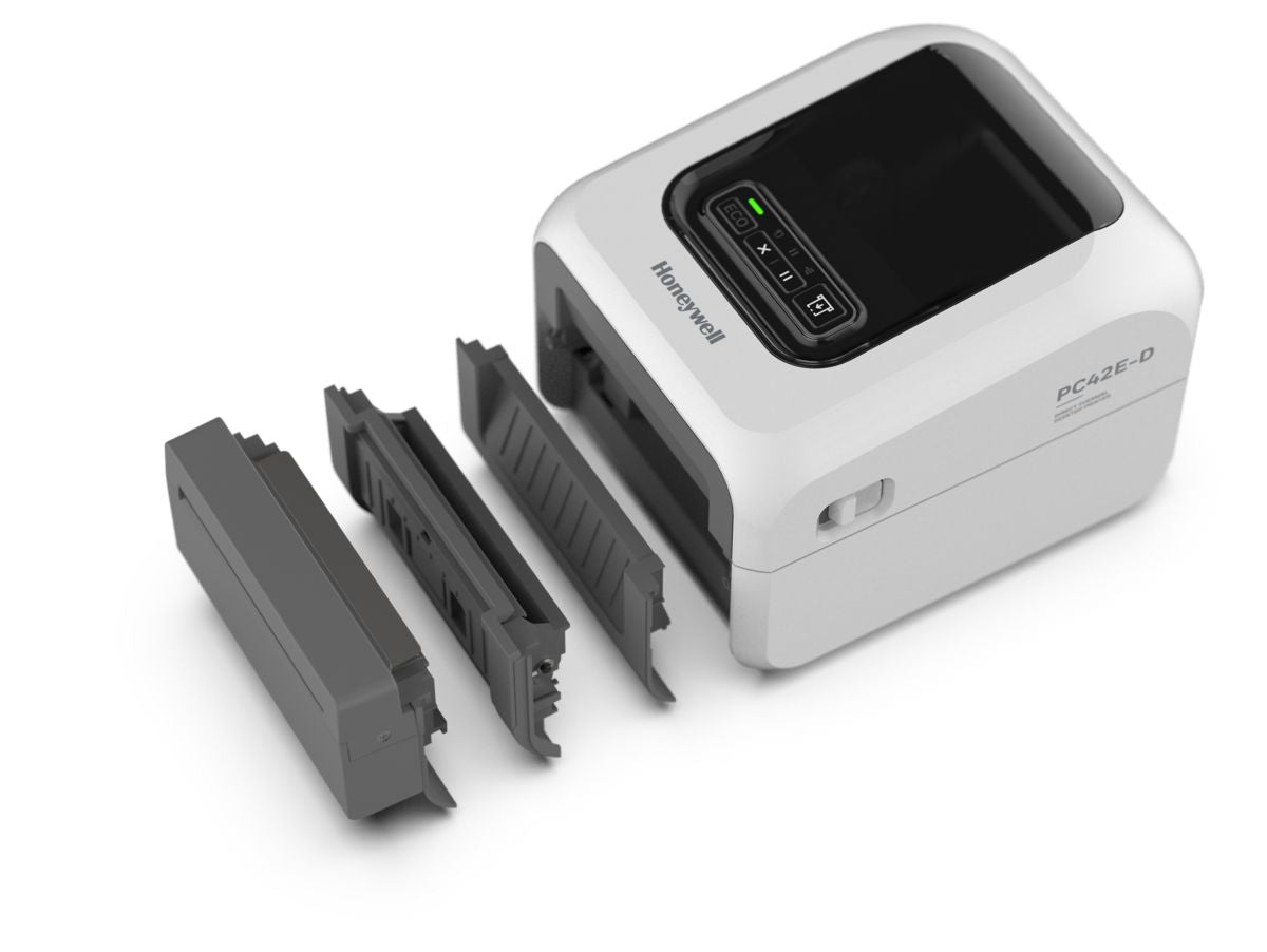 Honeywell PC42E-D 4-inch direct thermal desktop label printer, white, 203 dpi (PC42EDW020200) – white with media accessories