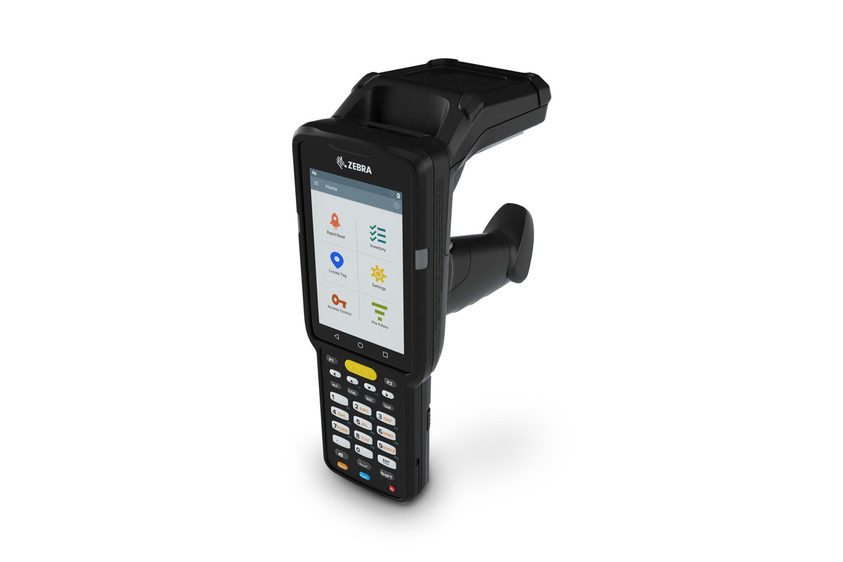 Zebra MC3390xR Kit rugged keypad mobile computer, integrated UHF RFID reader, pistol grip, 29-key numeric keypad (MC339U-GE2EG4EU-1SKT) – rear angled view