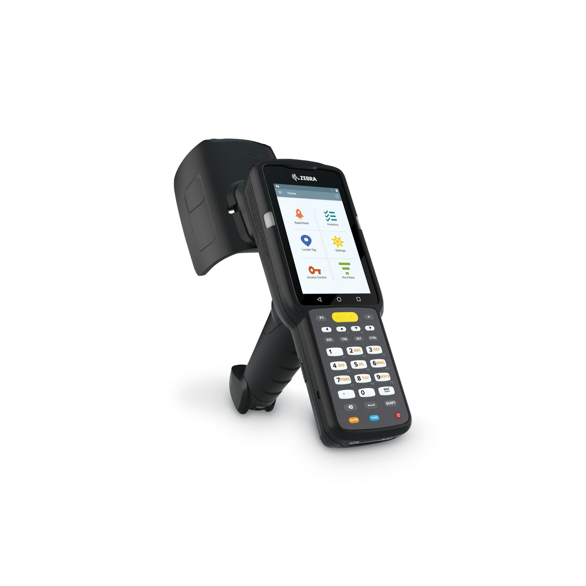 Zebra MC3390xR Kit rugged keypad mobile computer, integrated UHF RFID reader, pistol grip, 29-key numeric keypad (MC339U-GE2EG4EU-1SKT) – side view with RFID antenna