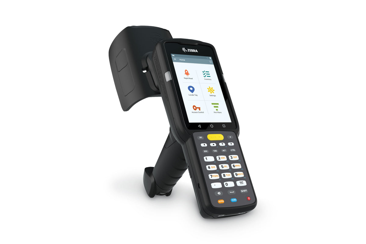 Zebra MC3390xR Kit rugged keypad mobile computer, integrated UHF RFID reader, pistol grip, 29-key numeric keypad (MC339U-GE2EG4EU-1SKT) – side view with RFID antenna
