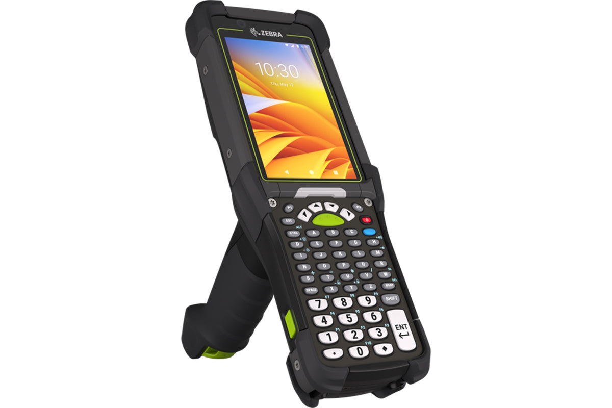 Zebra MC9450 rugged 5G keypad mobile computer, pistol grip, 53-key standard alphanumeric keypad (MC945B-3G1M6DSS-A6) – angled front view