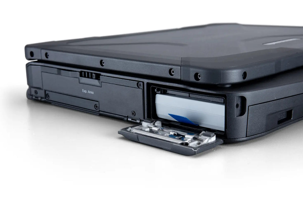 Panasonic TOUGHBOOK 40 mk2 (German QWERTZ, 5G) side view with open hot-swap battery bay and xPAK expansion area