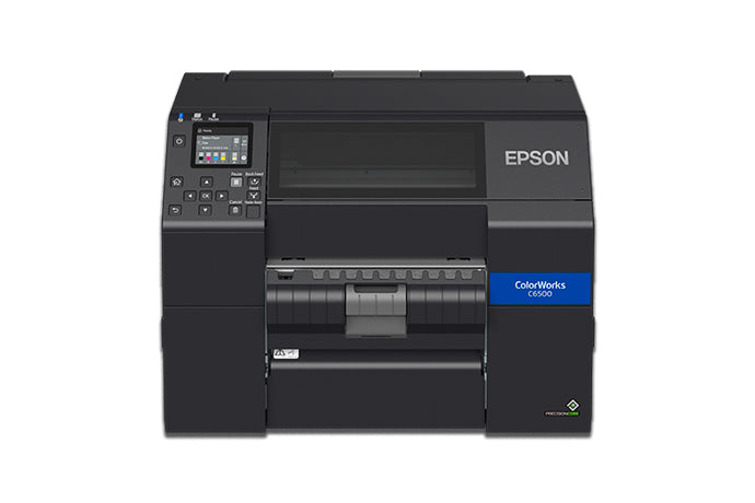 Epson ColorWorks C6500Pe colour label printer, 8-inch, peel-and-present, matte black ink, 1200 x 1200 dpi, inkjet (C31CH77202MK) – head-on view