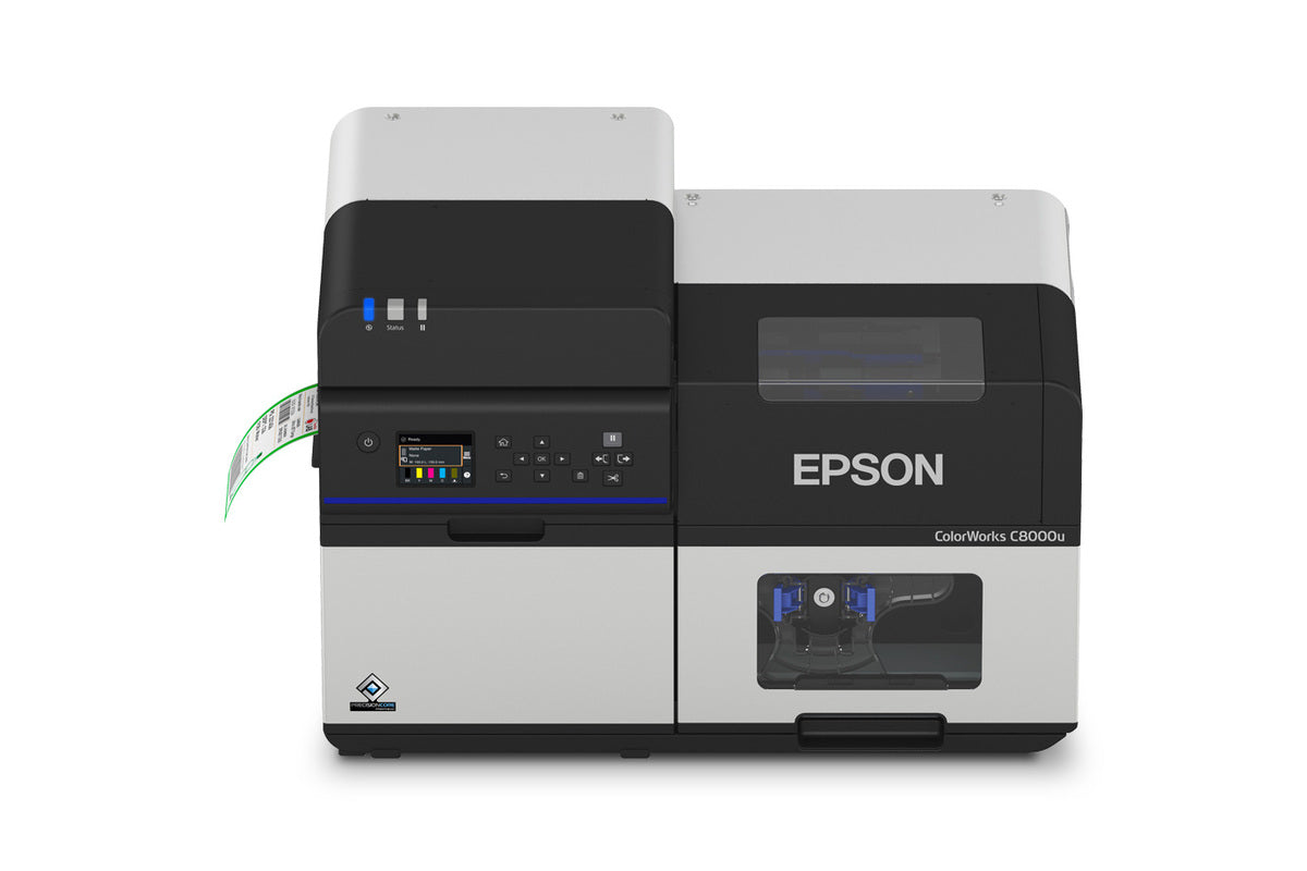 Epson ColorWorks C8000 colour label printer, high-speed 4-inch, auto cutter, matte black ink, 1200 x 600 dpi, inkjet (C31CL02102MK) – front view with label output