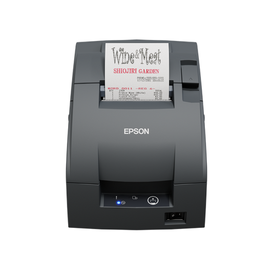 Epson TM-U220IID compact impact dot matrix POS receipt printer, dark grey, parallel (C31CL28102P0) – front view with receipt