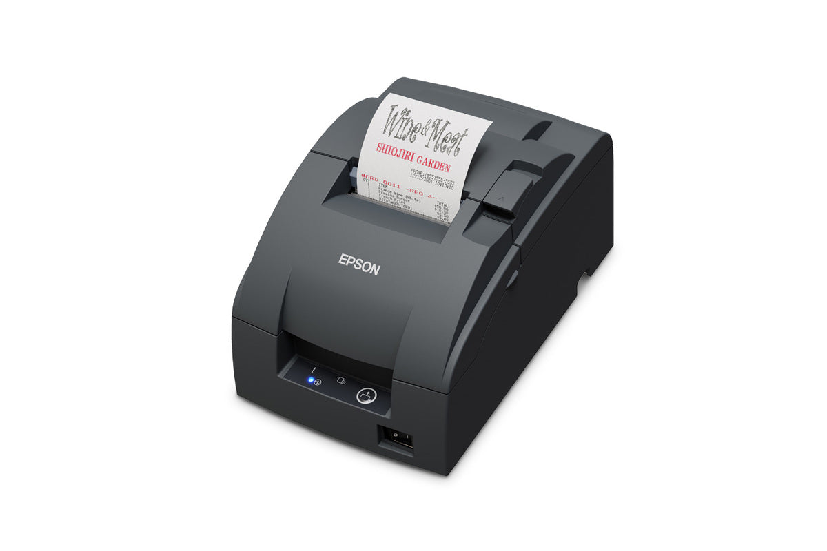 Epson TM-U220IID compact impact dot matrix POS receipt printer, dark grey, serial (C31CL28102) – 3/4 view with receipt