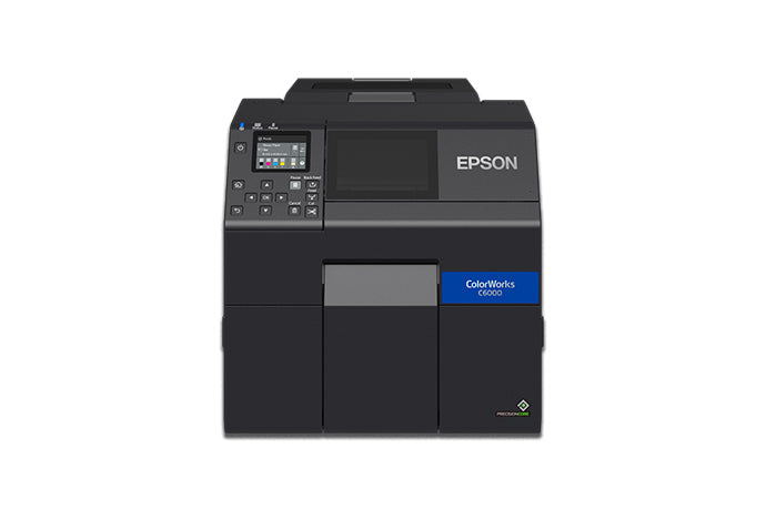 Epson ColorWorks C6000Ae colour label printer, 4-inch, auto cutter, gloss black ink, 1200 x 1200 dpi, inkjet (C31CH76102) – head-on view