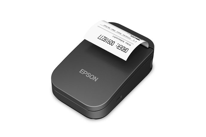 Epson TM-P20II 2-inch mobile receipt printer, Wi-Fi, USB-C, black (C31CJ99112) – left 3/4 view with receipt