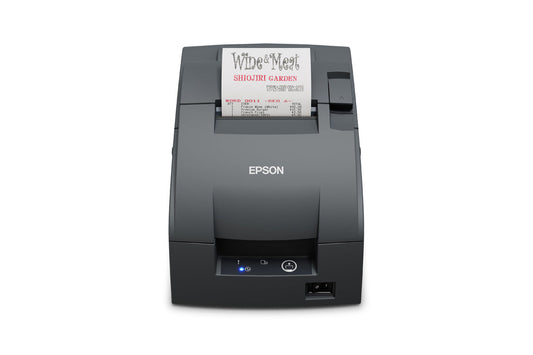 Epson TM-U220IIB impact dot matrix POS receipt printer with autocutter, dark grey (Epson Dark Grey), serial (C31CL27102F2) – front view printing a receipt