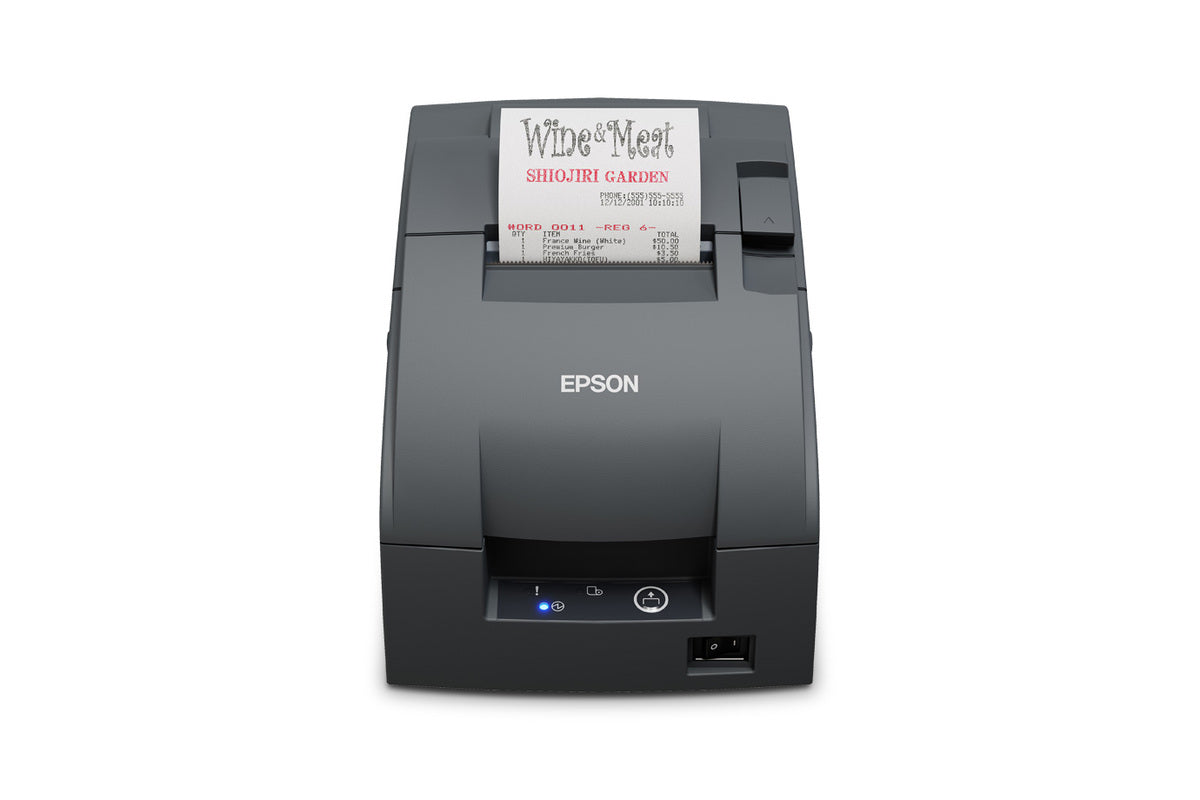 Epson TM-U220IIB impact dot matrix POS receipt printer with autocutter, dark grey (Epson Dark Grey), serial (C31CL27102F0) – front view printing a receipt