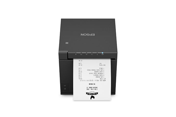 Epson TM-m50II compact POS receipt printer, black, serial + USB + Ethernet, UK plug (C31CK52102A0) – front view with receipt