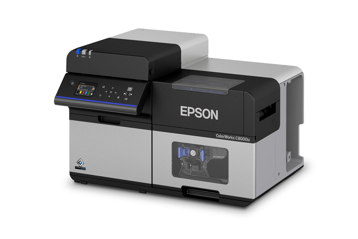 Epson ColorWorks C8000 colour label printer, high-speed 4-inch, auto cutter, matte black ink, 1200 x 600 dpi, inkjet (C31CL02102MK) – angled left view
