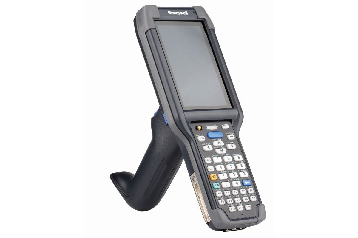 Honeywell CK65 rugged Android mobile computer, 38-key numeric-function keypad, EX20 2D imager, Wi-Fi only (CK65-L0N-DMC210E) – angled view with scan handle