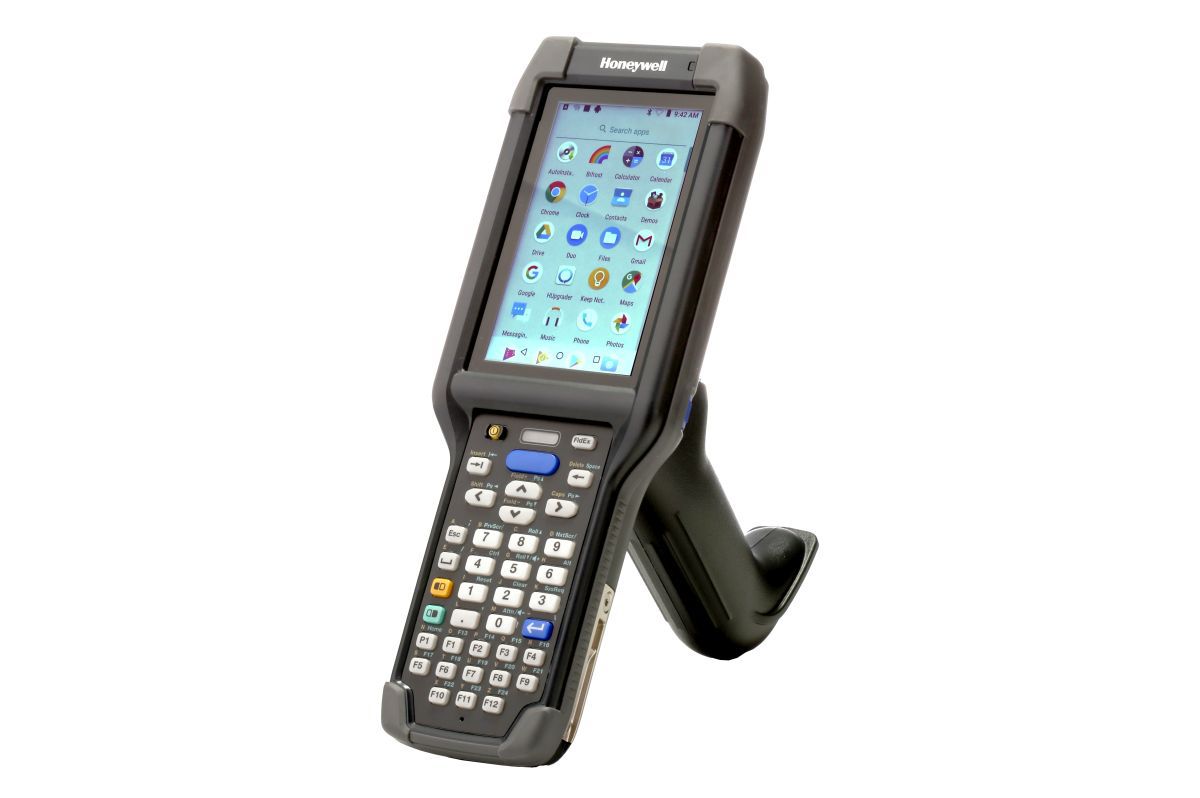 Honeywell CK65 rugged Android mobile computer, 38-key numeric-function keypad, long range FlexRange 2D imager, Wi-Fi only (CK65-L0N-DLC210E) – front view with scan handle