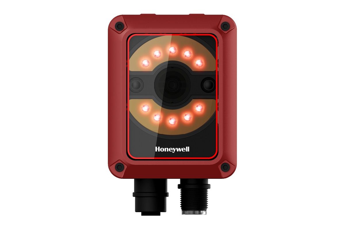 Honeywell HF811 fixed-mount industrial 2D scanner (HF811-01BT00004K-R) – front view with M12 connectors