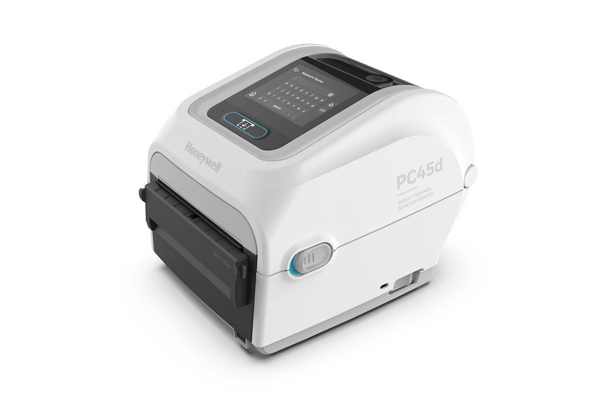 Honeywell PC45d Healthcare (PC45-HC) 4-inch direct thermal desktop label printer, white disinfectant-ready housing, 203 dpi (PC45D100000200) – 3/4 view