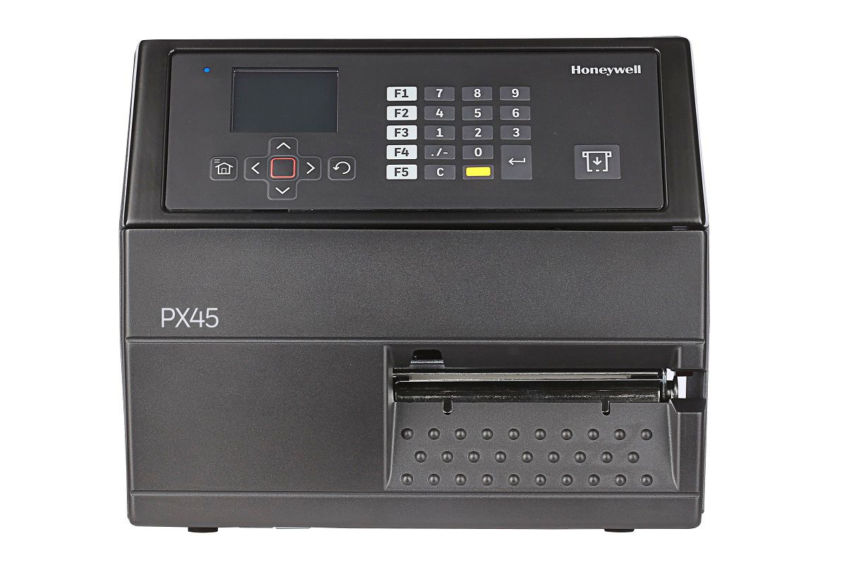Honeywell PX45 industrial label printer, LCD display with keypad, tear bar, 203 dpi, thermal transfer (PX45A00000000200) – front view