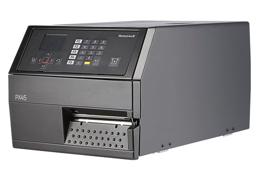 Honeywell PX45 industrial label printer, LCD display with keypad, tear bar, 203 dpi, thermal transfer (PX45A00000000200) – left angled view