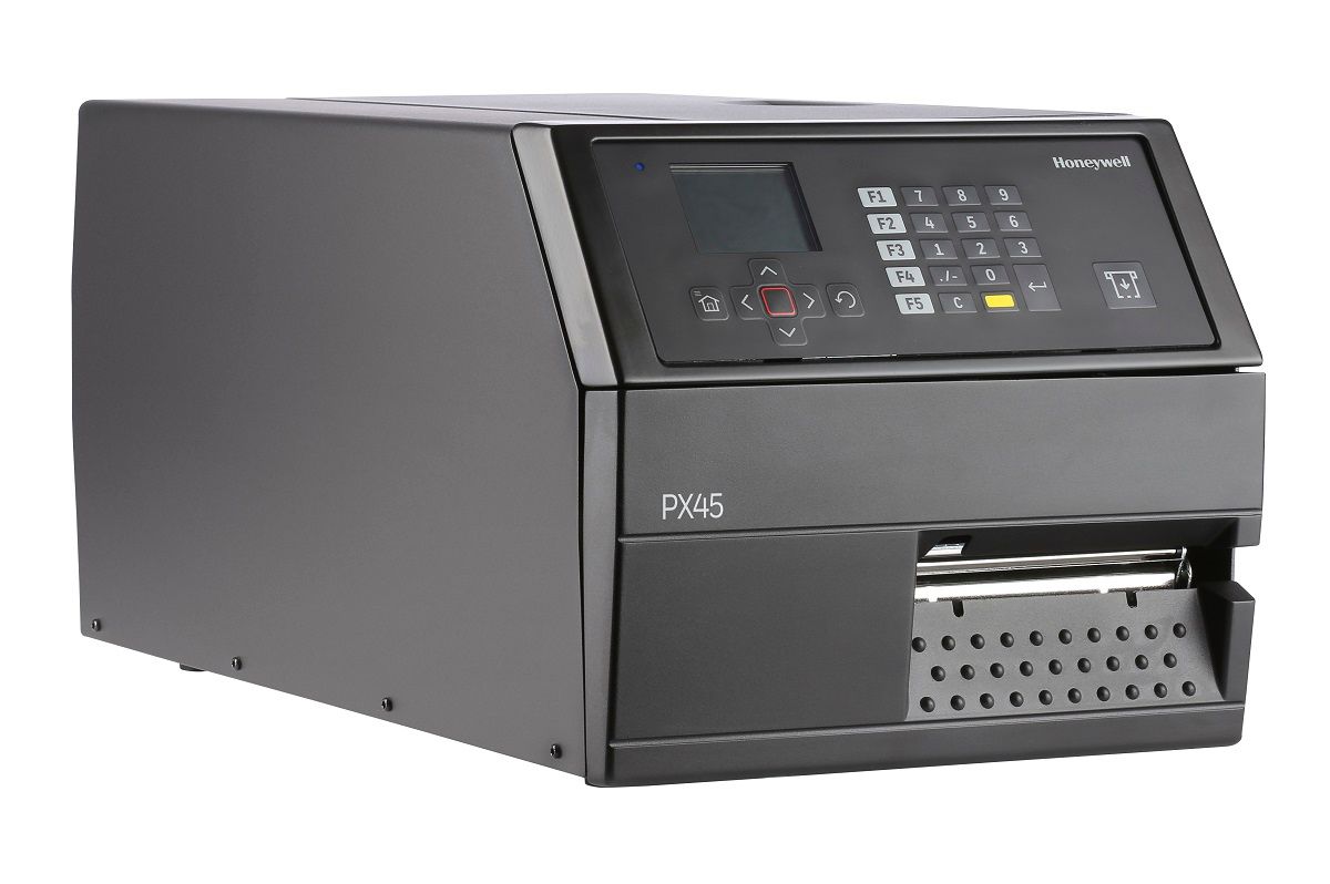 Honeywell PX45 industrial label printer, LCD display with keypad, tear bar, 203 dpi, thermal transfer (PX45A00000000200) – right angled view