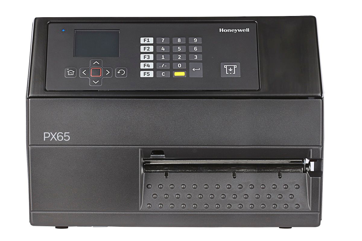 Honeywell PX65 industrial label printer, LCD display with keypad, tear bar, parallel port, 203 dpi, thermal transfer (PX65A00010000200) – front view