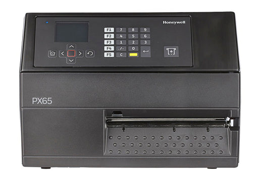 Honeywell PX65 industrial label printer, LCD display with keypad, tear bar, parallel port, 300 dpi, thermal transfer (PX65A00010000300) – front view