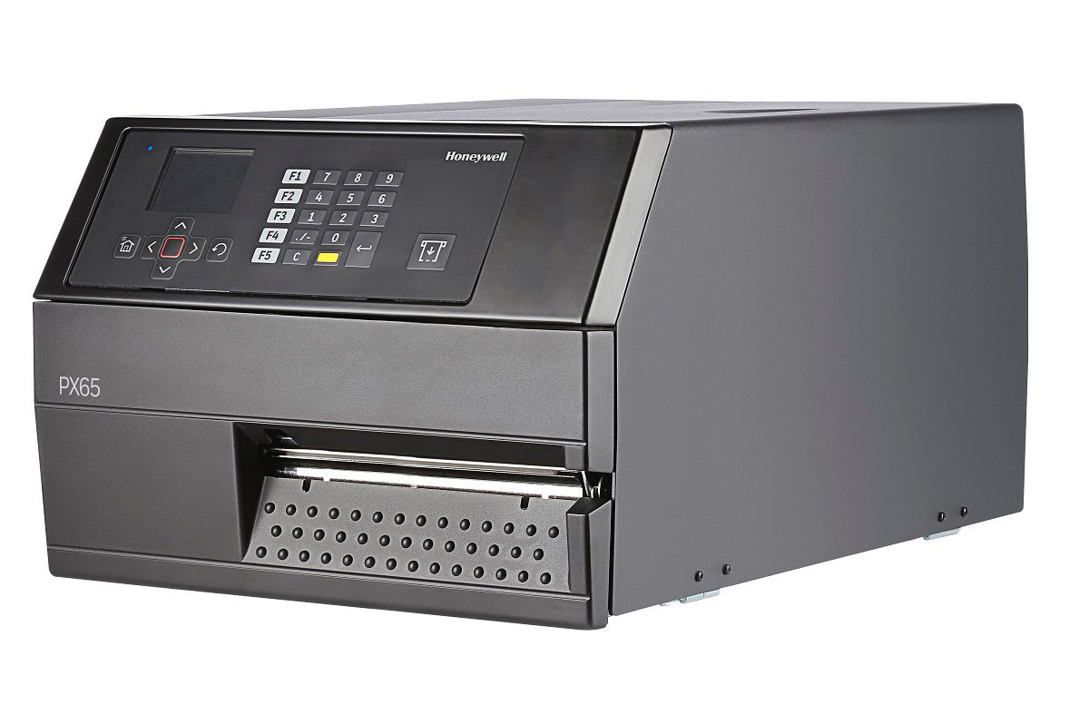 Honeywell PX65 industrial label printer, LCD display with keypad, tear bar, parallel port, 203 dpi, thermal transfer (PX65A00010000200) – left angled view