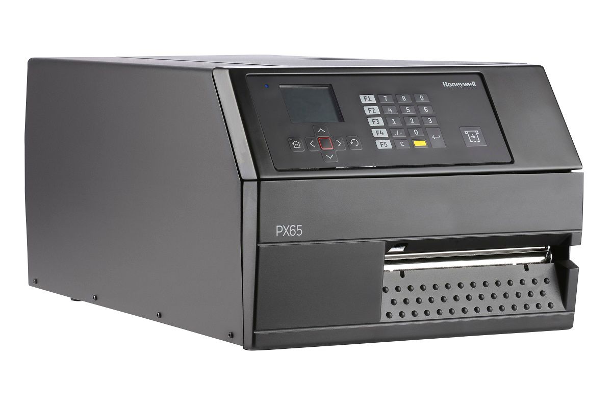 Honeywell PX65 industrial label printer, LCD display with keypad, tear bar, Wi-Fi, 300 dpi, thermal transfer (PX65A02000000300) – right angled view