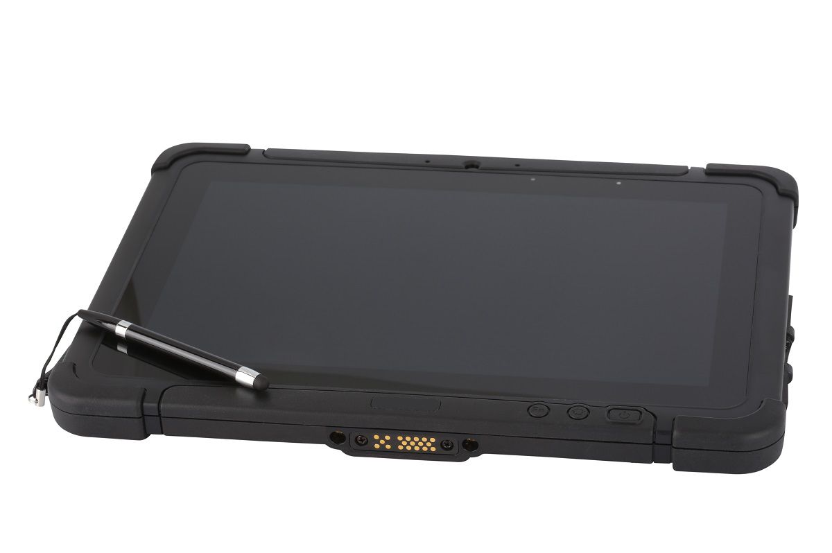 Honeywell RT10A 10.1" rugged Android tablet with N6803 FlexRange imager, 4G LTE (RT10A-L1N-18C22S0E) – angled view with stylus