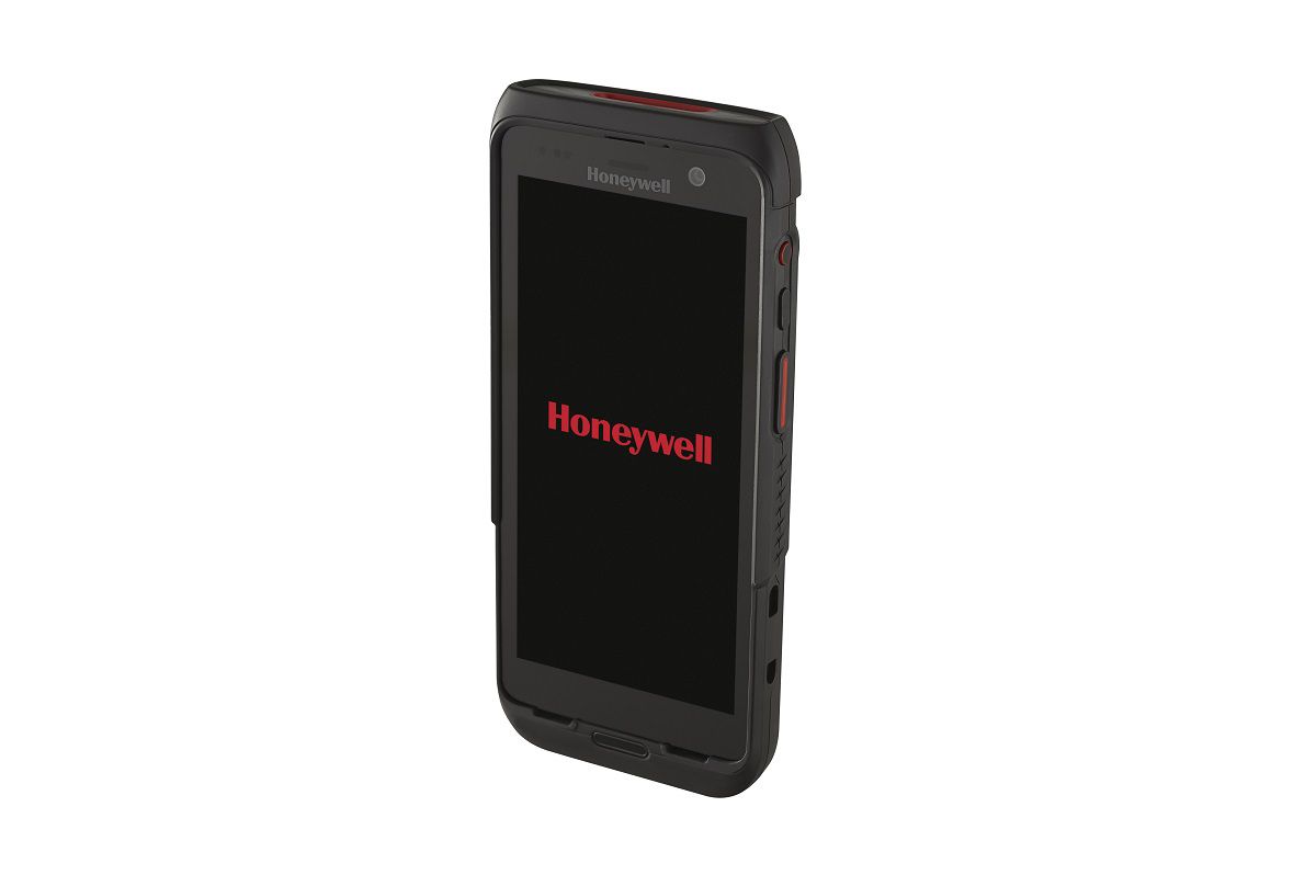 Honeywell CT47 5.5-inch all-touch Android mobile computer, black, extended-range 2D imager, 5G + Wi-Fi, 8 GB / 128 GB, ATEX Zone 2/22 (CT47-X1N-5ED1E1G) – angled view