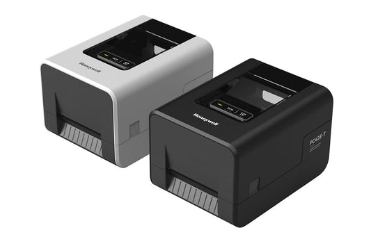 Honeywell PC42E-T 4-inch thermal transfer desktop label printer, white, 300 dpi (PC42E-TW02300) – white and black versions